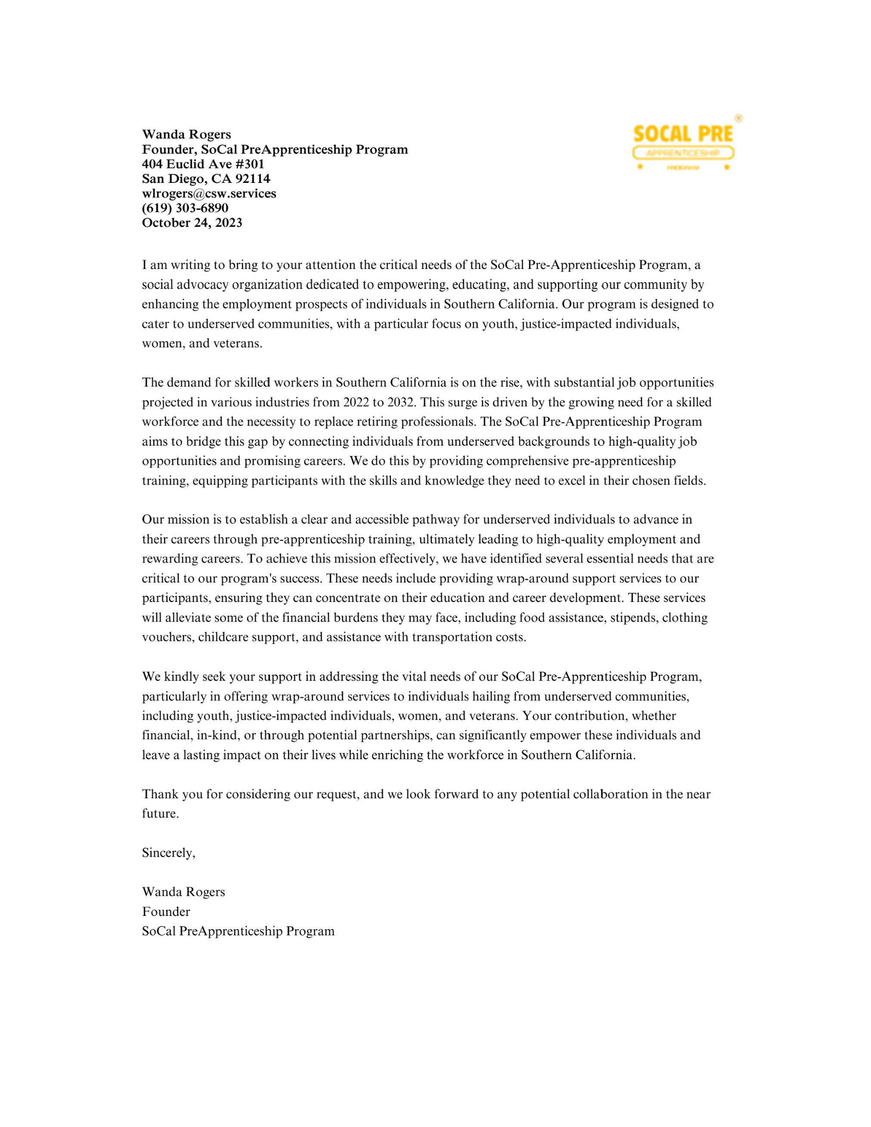 SoCal PP Proposal Letter
