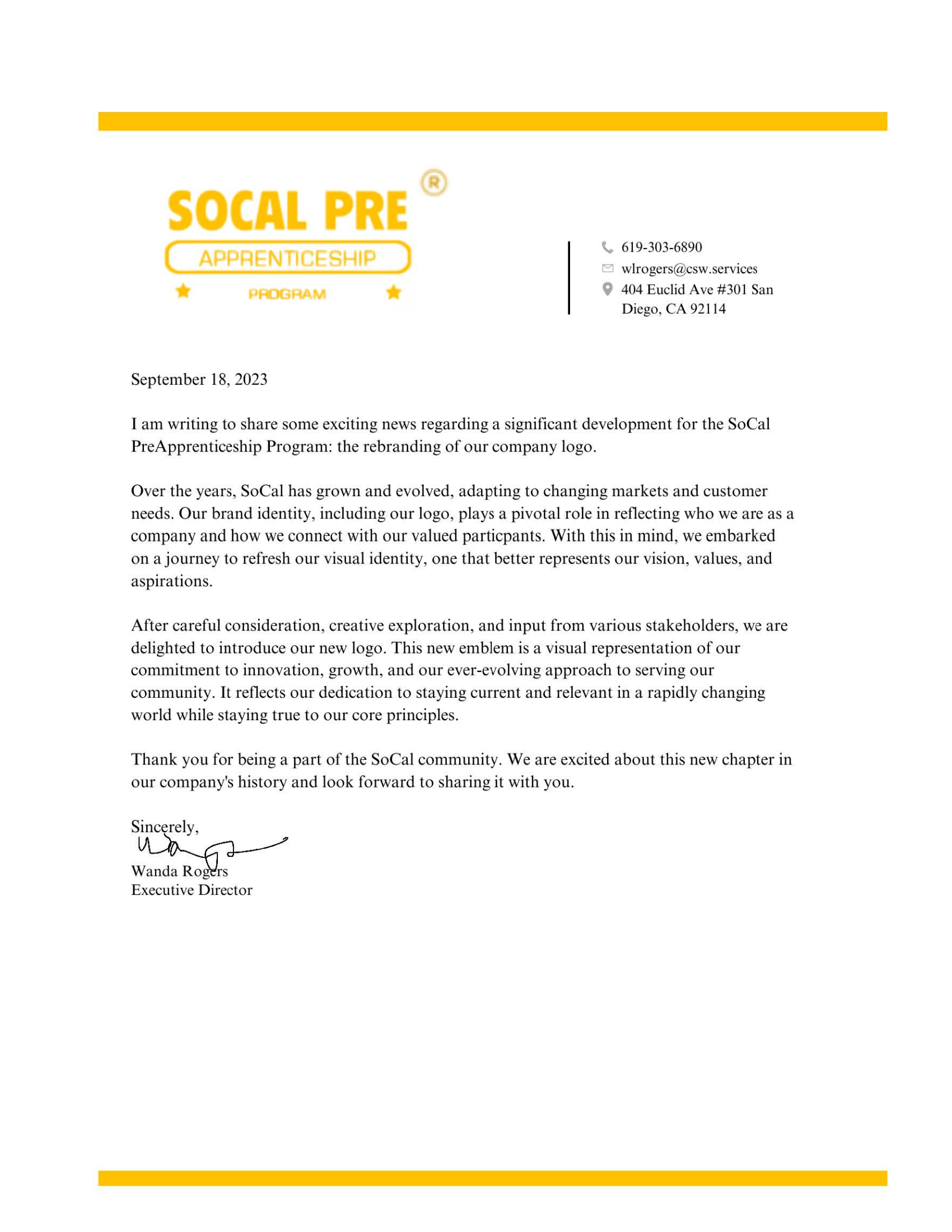 SoCal Rebranding Letter